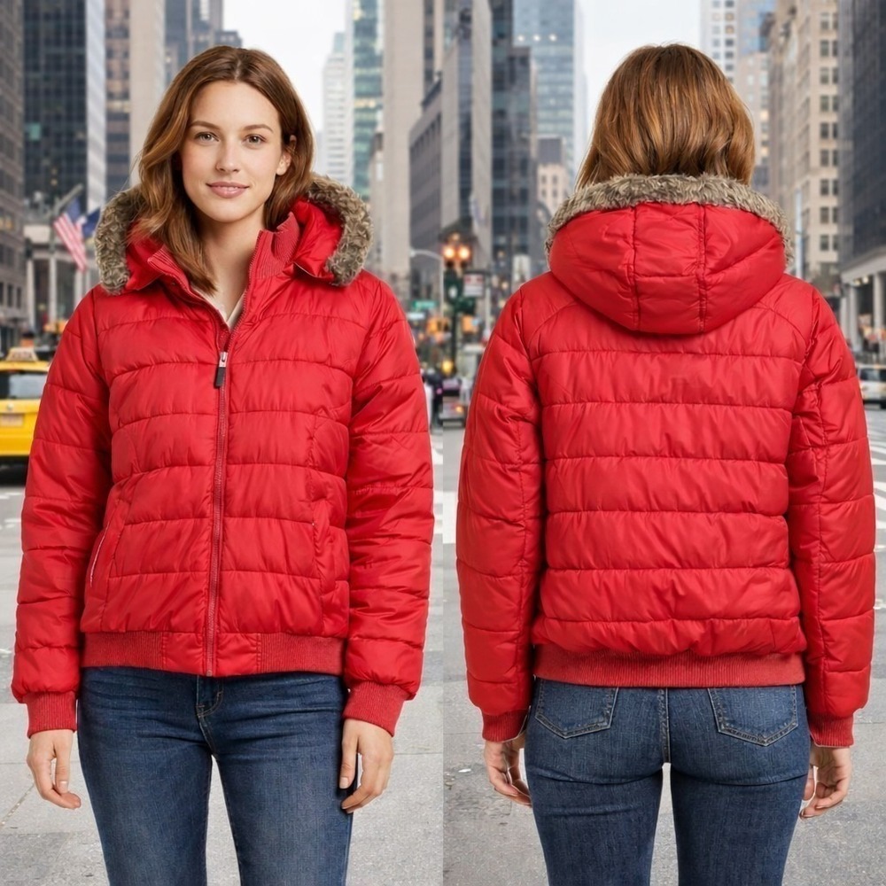 Ralph Lauren Polo Jeans Co Red Down Puffer Jacket Faux Fur Hood Womens‎ Large